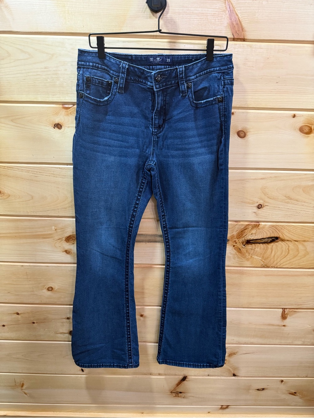 Miss Me Jeans Size 30 x 32 Mid-Rise Flare Distressed Dark Wash